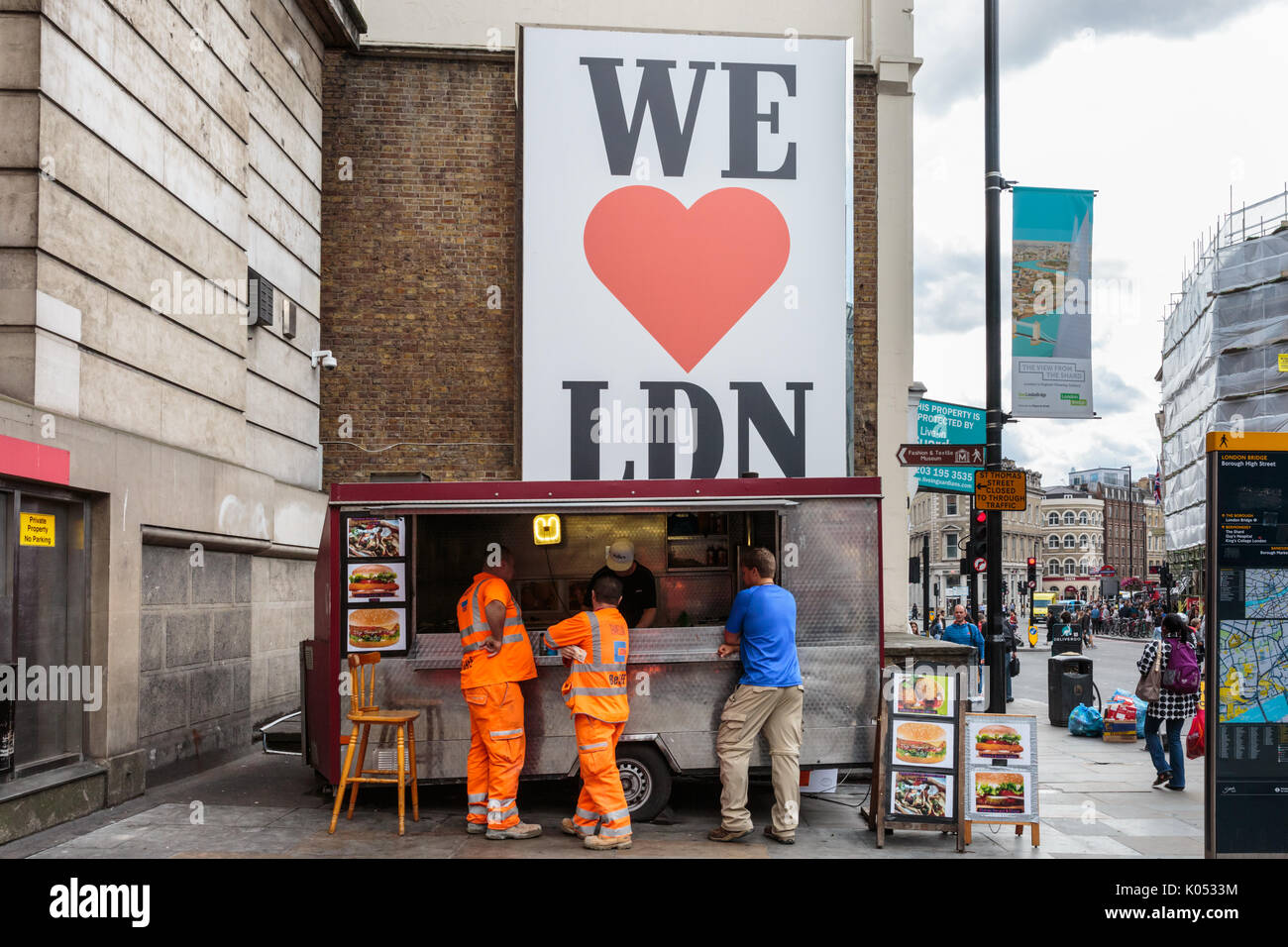 We love LND (London) sign above a food stall in Borough High Street, in reference to a previous terror attack, Borough Market, Borough High Street, Lo Stock Photo