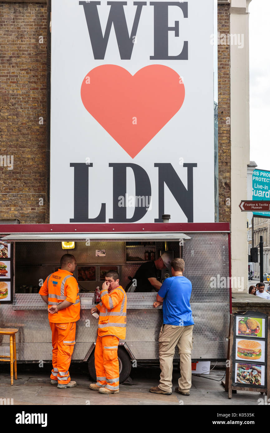 We love LND (London) sign above a food stall in Borough High Street, in reference to a previous terror attack, Borough Market, Borough High Street, Lo Stock Photo