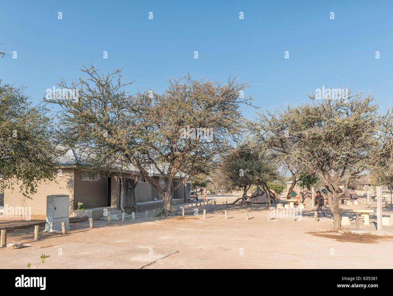 ETOSHA NATIONAL PARK, NAMIBIA - JUNE 26, 2017: A view of the camping area and ablution facilities at the Okaukeujo Rest Camp in the Etosha National Pa Stock Photo