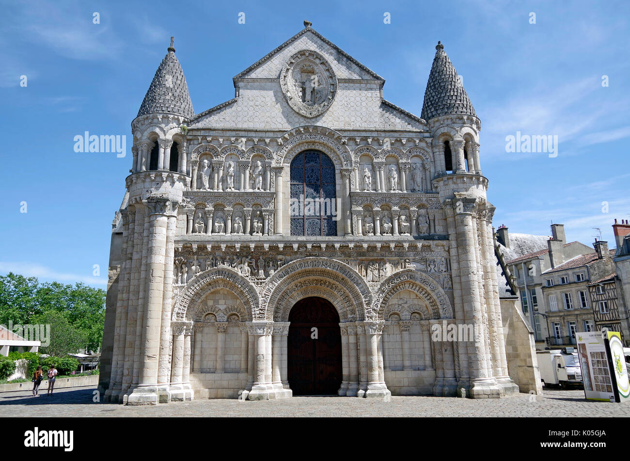 West front of Church of Notre Dame le Grande, Poitiers, France, built second half of the11th Century, in High Romanesque style, Stock Photo