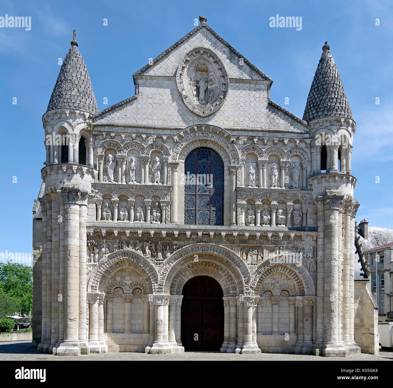 West front of Church of Notre Dame le Grande, Poitiers, France, built second half of the11th Century, in High Romanesque style, Stock Photo