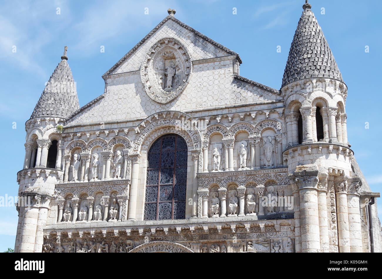 West front of Church of Notre Dame le Grande, Poitiers, France, built second half of the11th Century, in High Romanesque style, Inaugurated 1086, Nave Stock Photo