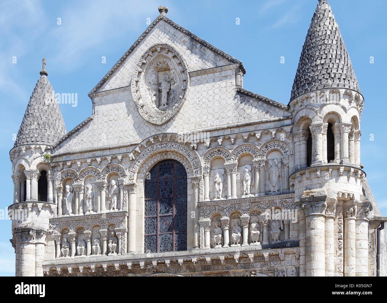 West front of Church of Notre Dame le Grande, Poitiers, France, built second half of the11th Century, in High Romanesque style, Inaugurated 1086, Nave Stock Photo