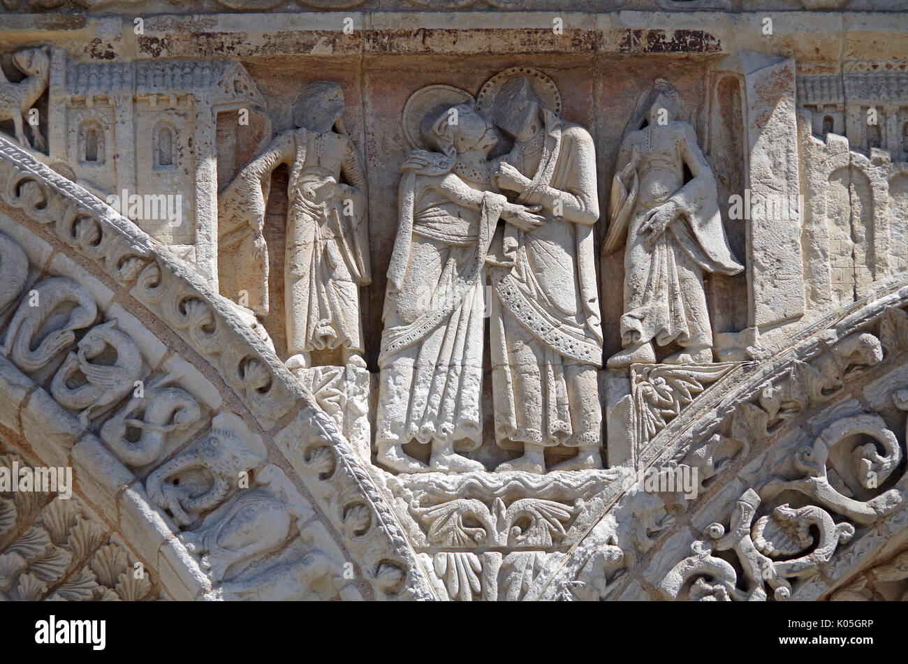 Detail of frieze on West front of Church of Notre Dame le Grande, Poitiers, France, built second half of 11th Century, in High Romanesque style, Stock Photo