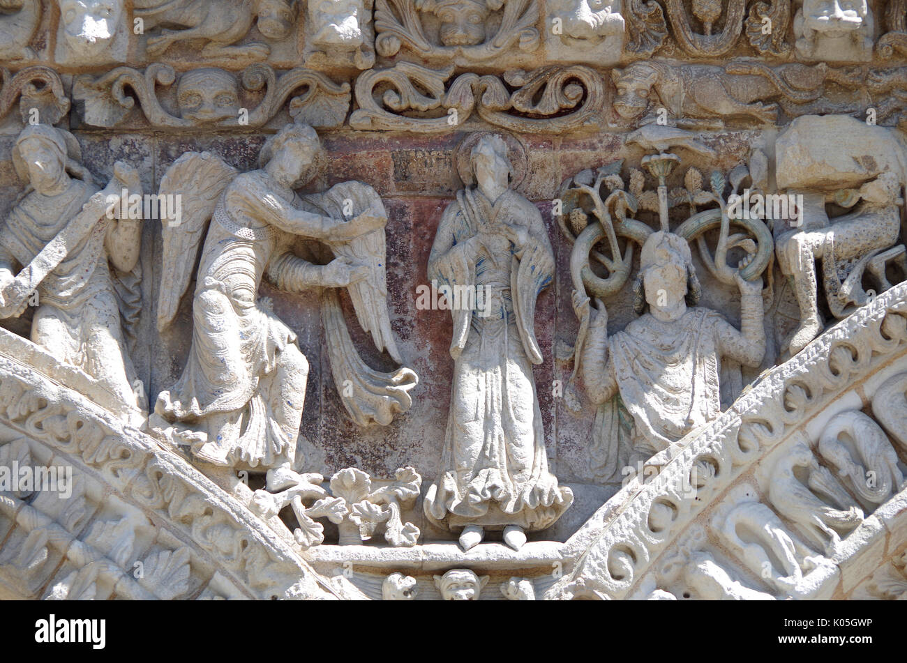 Detail of frieze, on West front of Church of Notre Dame le Grande, Stock Photo