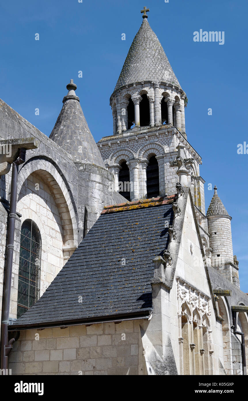 View from SW of, tower of Church of Notre Dame le Grande, Poitiers, France, built second half of 11th Century, in High Romanesque style, Stock Photo