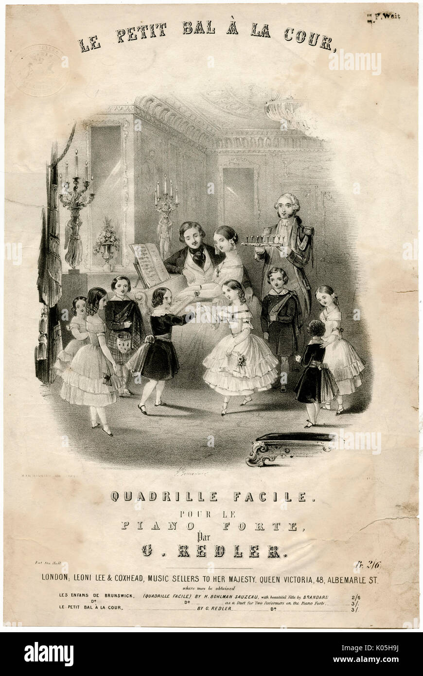 Eight children dance a quadrille while their mother plays the piano.       Date: 19th century Stock Photo