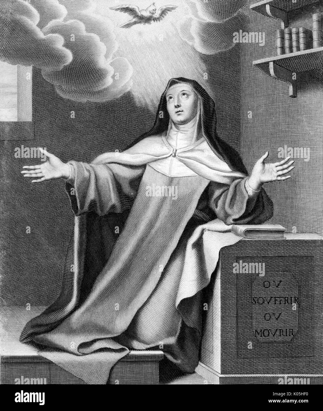 Saint Teresa of Avila (1515-1582), visionary, receives holy inspiration as a supplicant.     Date: Stock Photo