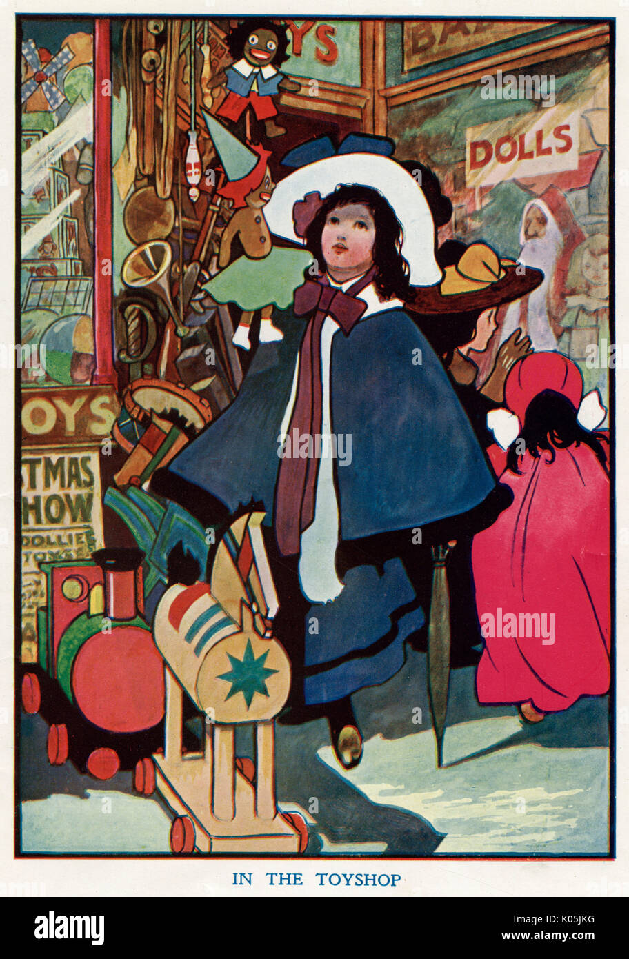 A young girl is entranced by what she finds inside a toy shop.       Date: 1906 Stock Photo