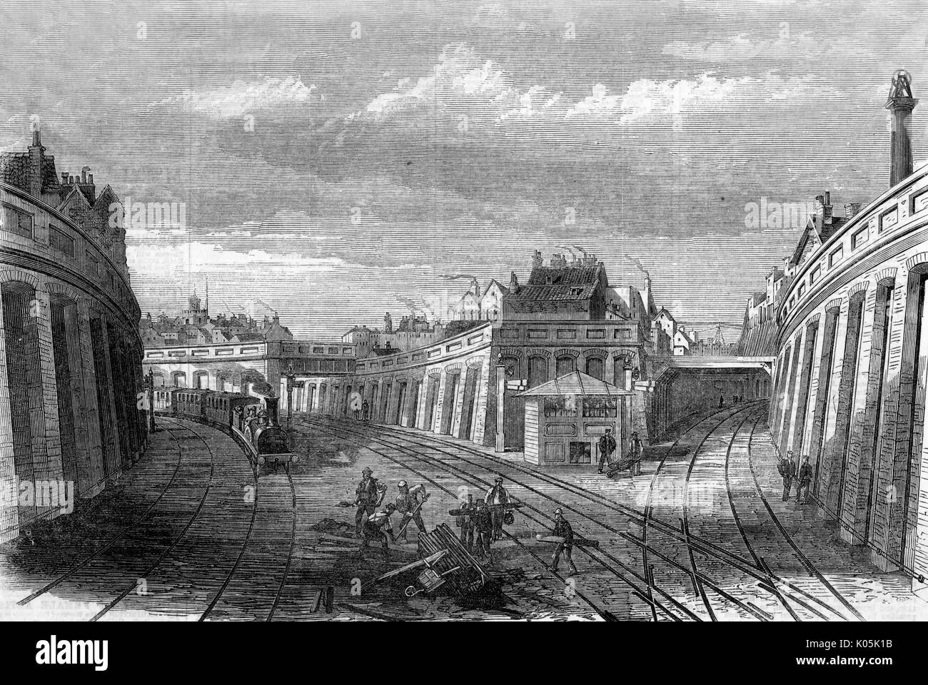 The new Metropolitan Line  (underground) meets the  London, Chatham and Dover  Railway near Smithfield       Date: 1866 Stock Photo