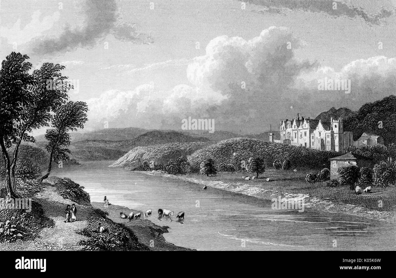 Sir Walter Scott's (1771 - 1832) home at Abbotsford, Roxburgh,  Scotland, seen across the  River Tweed       Date: Stock Photo