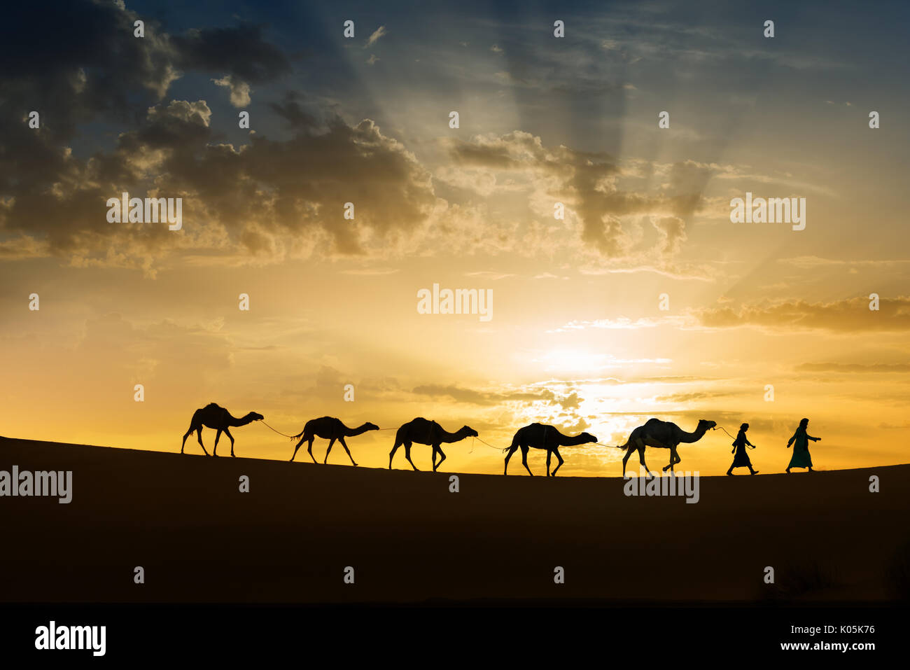 Silhouettes of a camel (dromedary) caravan with nomads in the desert against colorful cloudy sky at sunrise. Stock Photo