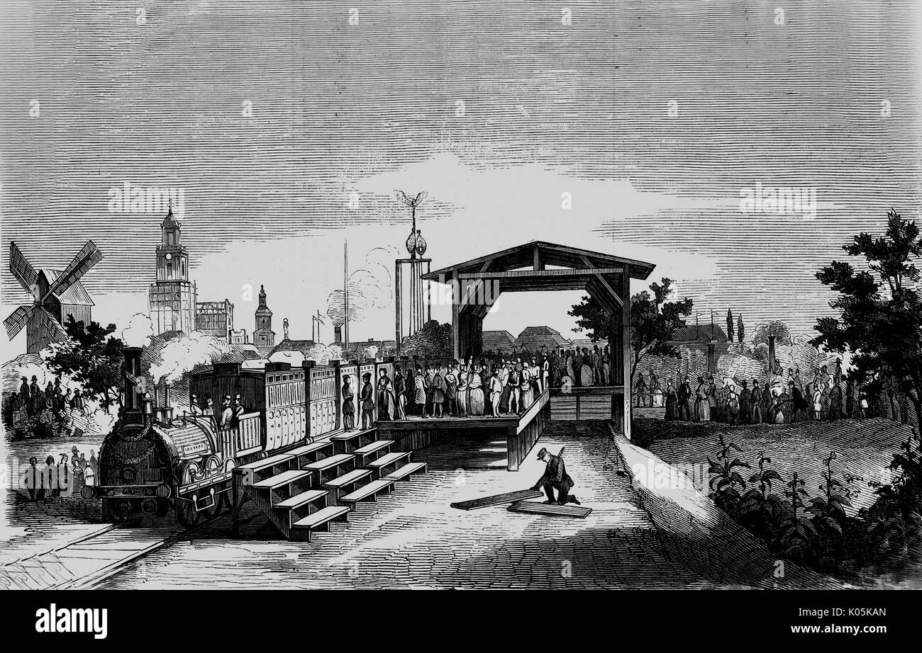 The opening of the rail link  between Potsdam and Magdeburg. Note the steps thoughtfully  provided to enable the passengers to enter the  coaches in comfort     Date: 1846 Stock Photo
