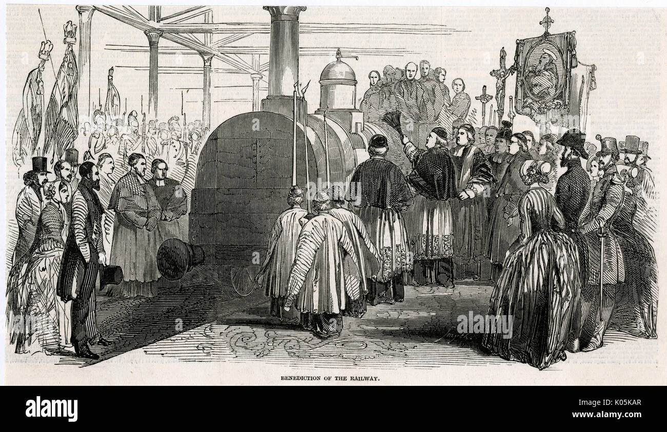 A locomotive of the Rouen -  Paris railway is blessed by a priest        Date: 1847 Stock Photo