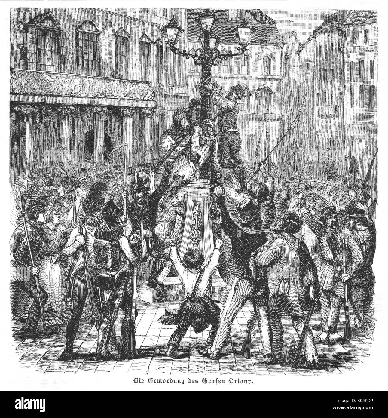 War minister Count Latour is  hanged from a lampost during  the riots in Vienna        Date: 1848 Stock Photo