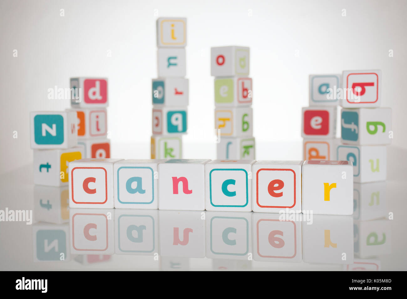 Childhood cancer spelled out in toy building blocks Stock Photo