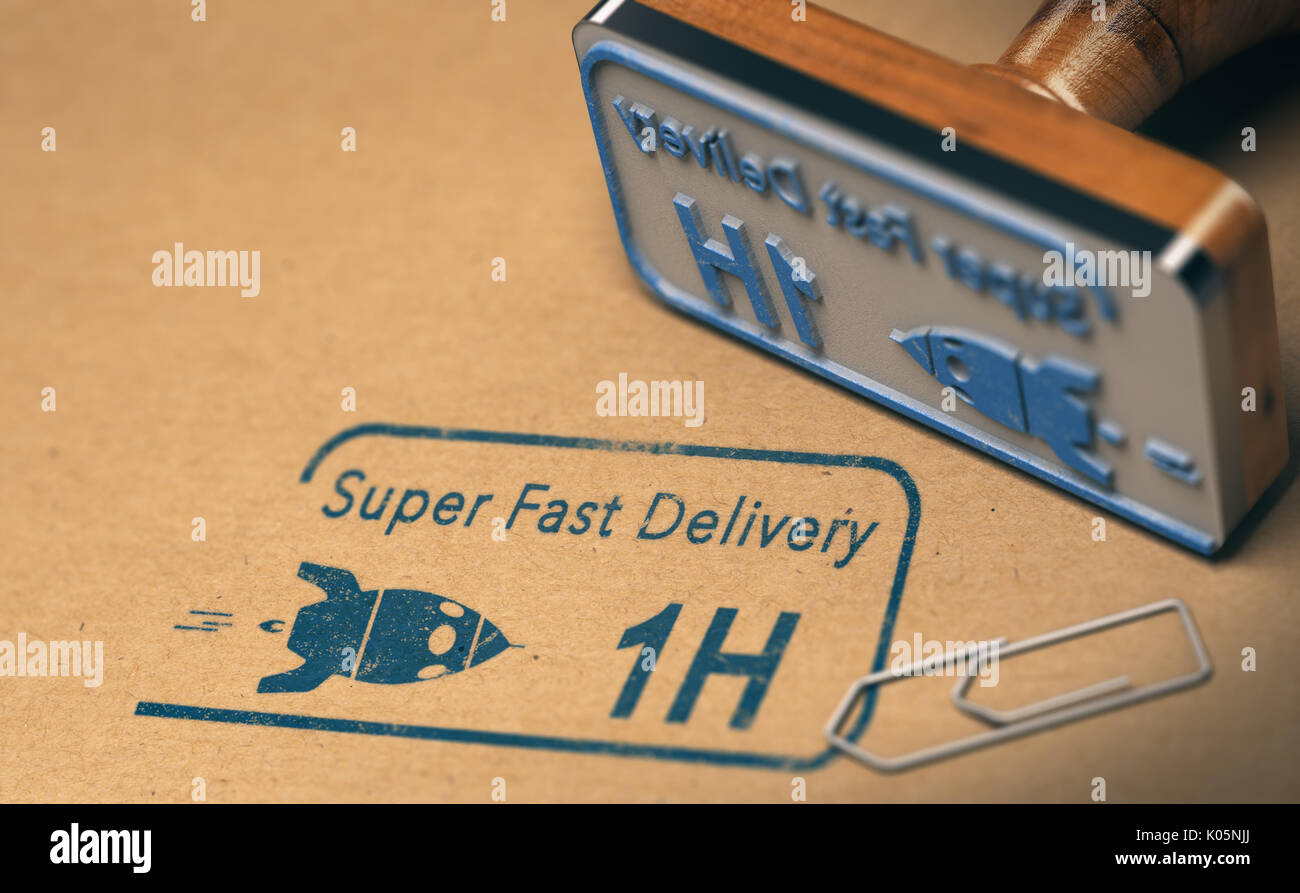 Rubber stamp and super fast delivery test on carton box. Courier