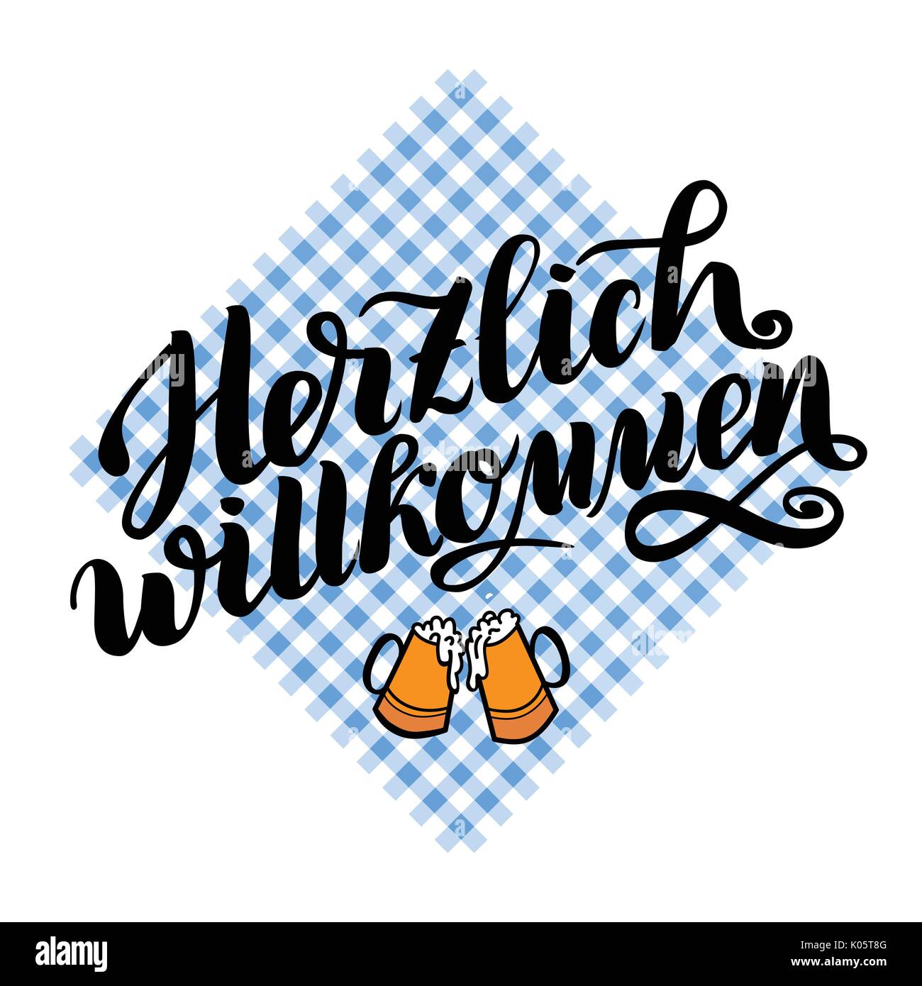 Herzlich willkommen. Welcome. Traditional German Oktoberfest bier festival . Vector hand-drawn brush lettering illustration on bayern pattern Stock Vector