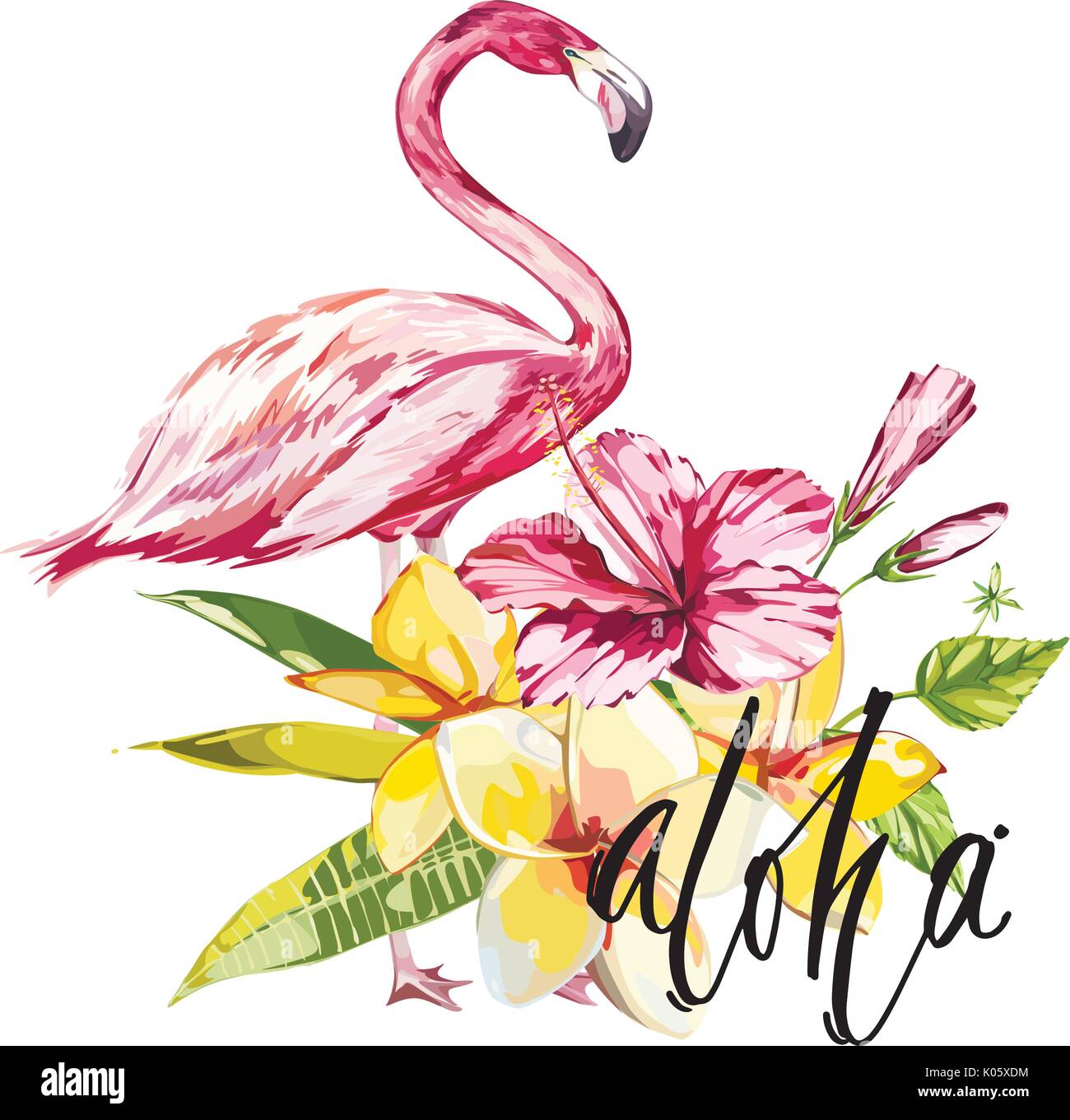 Word- Aloha. Flamingo with tropical flowers. Element for design of invitations, movie posters, fabrics and other objects. Isolated on white. Vector EPS 10 Stock Vector