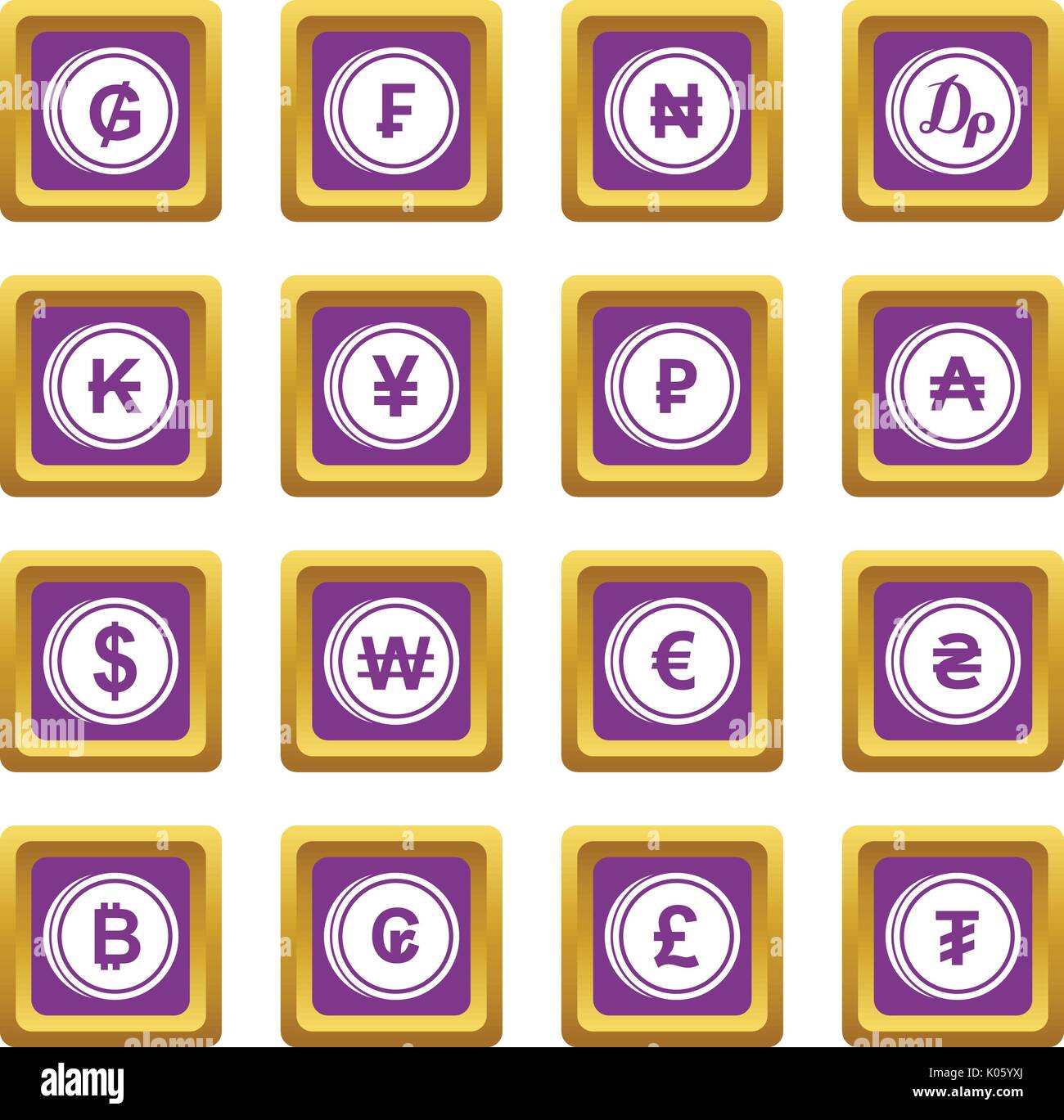 Currency from different countries icons set purple Stock Vector