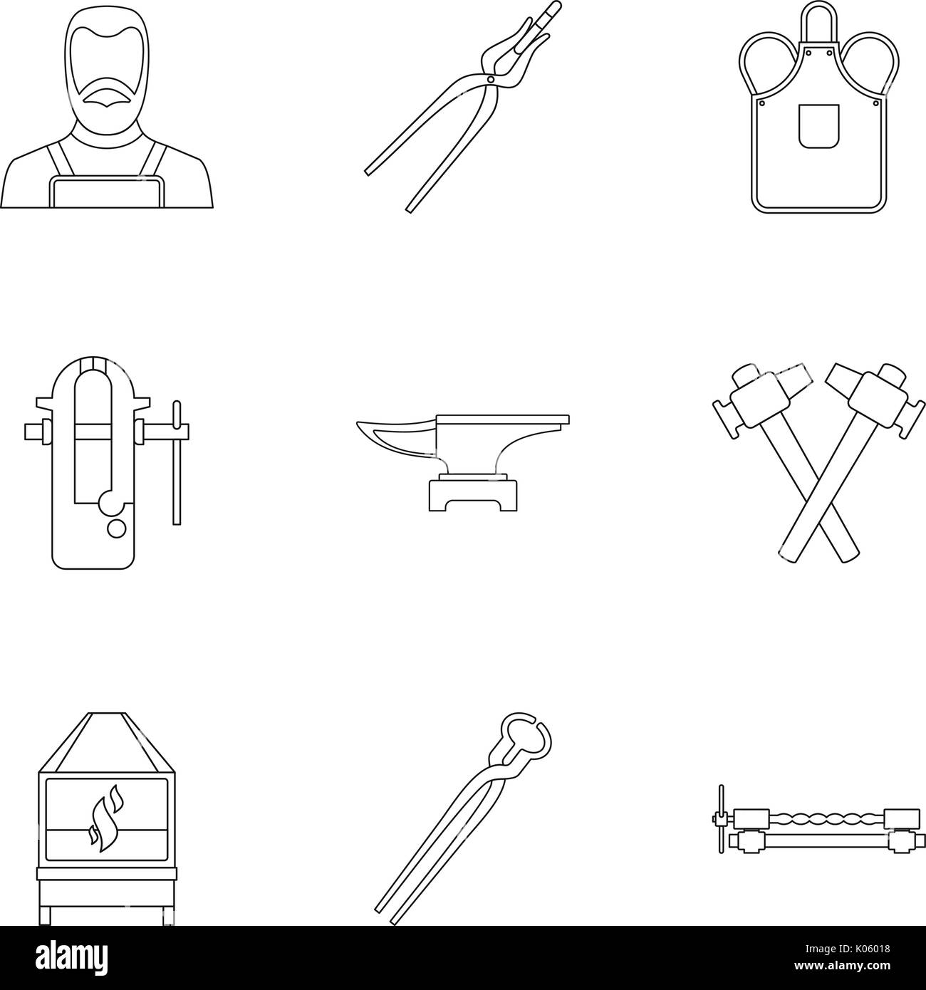 Blacksmith profession icon set, outline style Stock Vector