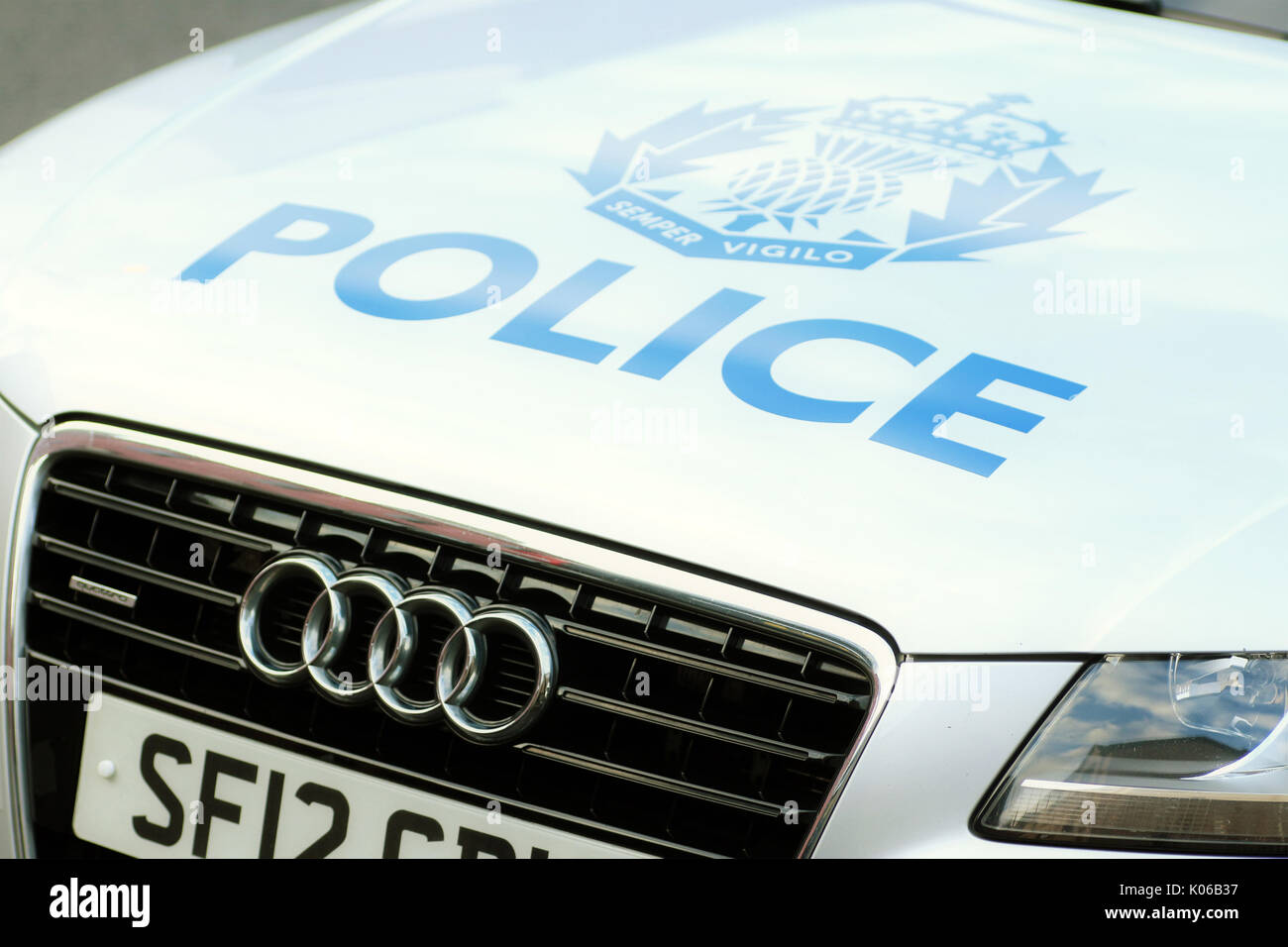 Close-up of front of Police Scotland police car Stock Photo