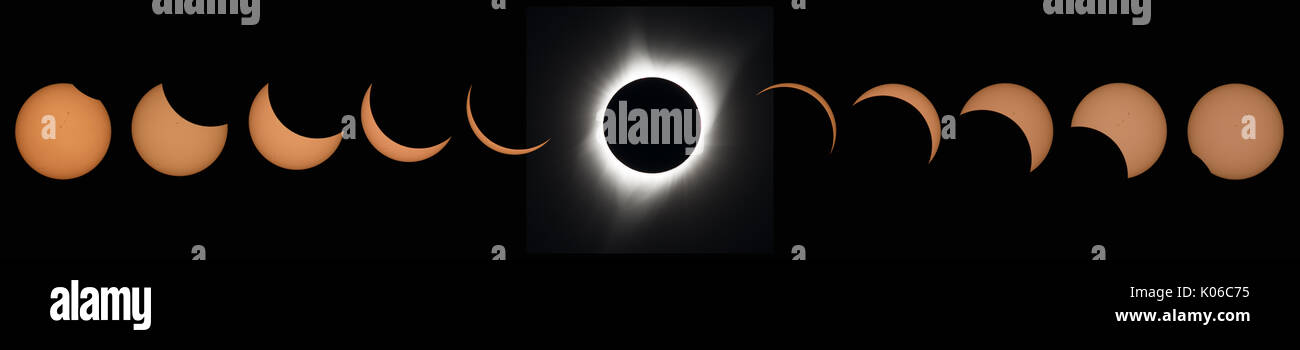 Madras, United States Of America. 21st Aug, 2017. A composite image of eleven pictures showing the progression of a total solar eclipse August 21, 2017 in Madras, Oregon. The total eclipse swept across a narrow portion of the contiguous United States from Oregon to South Carolina and a partial solar eclipse was visible across the entire North American continent along with parts of South America, Africa, and Europe. Credit: Planetpix/Alamy Live News Stock Photo
