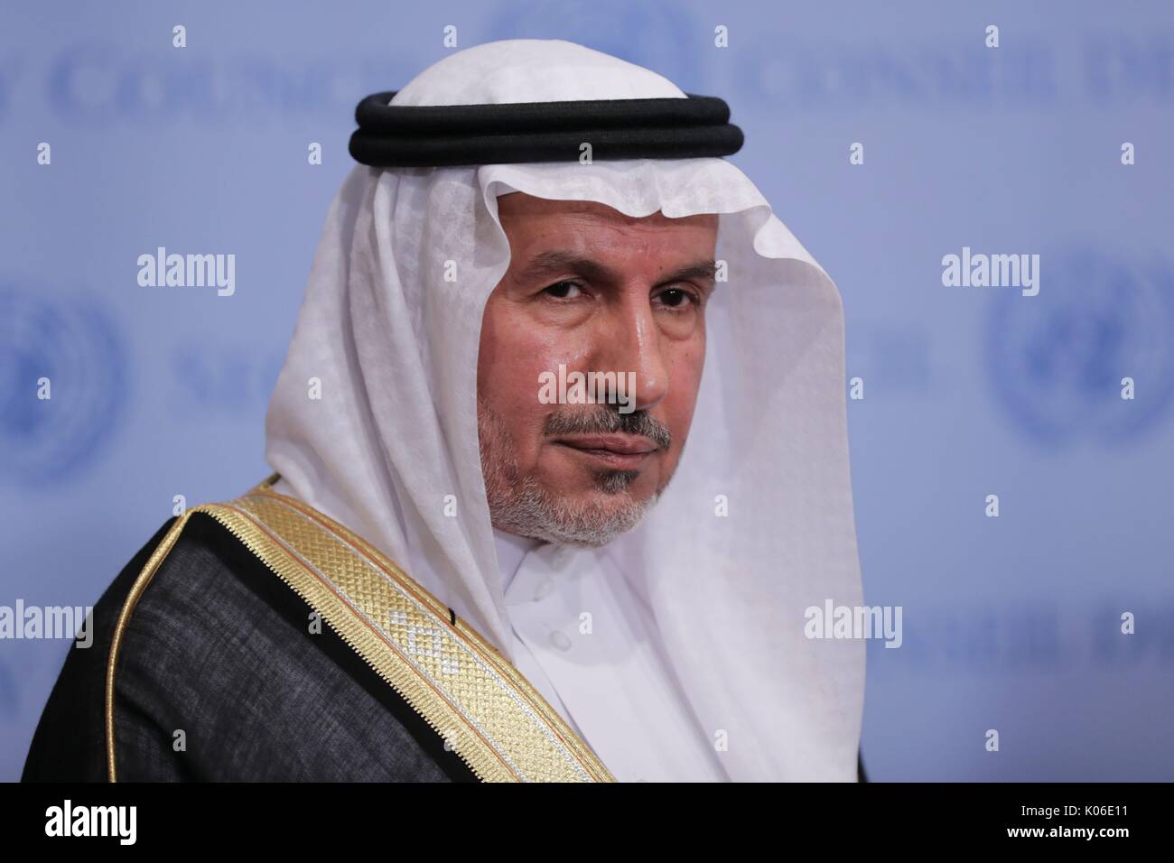 United Nations, New York, USA, August 21 2017 - Abdullah bin Abdulaziz Al Rabeeah, General Supervisor of the King Salman Centre for Relief and Humanitarian Affairs of Saudi Arabia, briefs journalists on the humanitarian situation in Yemen. Joining him in in addressing reporters was Abdallah Yahya A. Al-Mouallimi, Permanent Representative of Saudi Arabia to the UN today at the UN Headquarters in New York City. Photo: Luiz Rampelotto/EuropaNewswire | usage worldwide Stock Photo