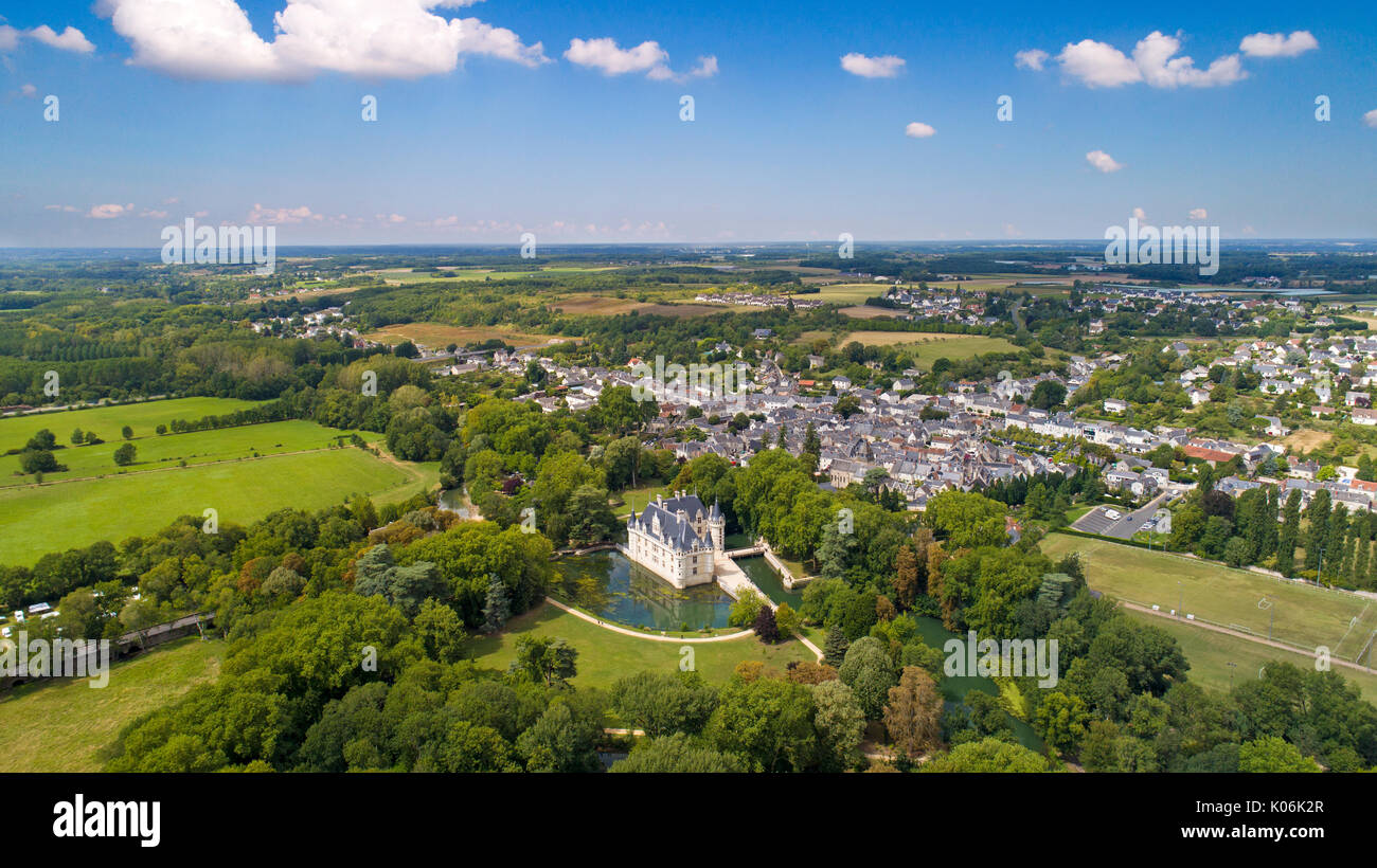 Aerial photo of Azay Le Rideau castle in Indre et Loire, France Stock Photo