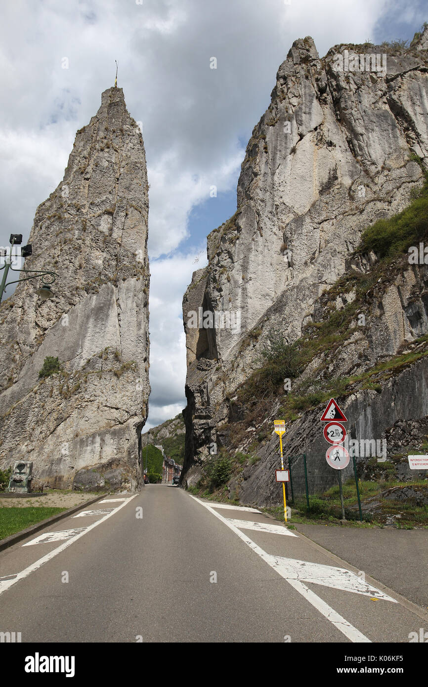 The Rocher Bayard. According to the legend, this peak would have been split by the horse Bayard with a hoof to escape Charlemagne. Dinant Belgium Stock Photo