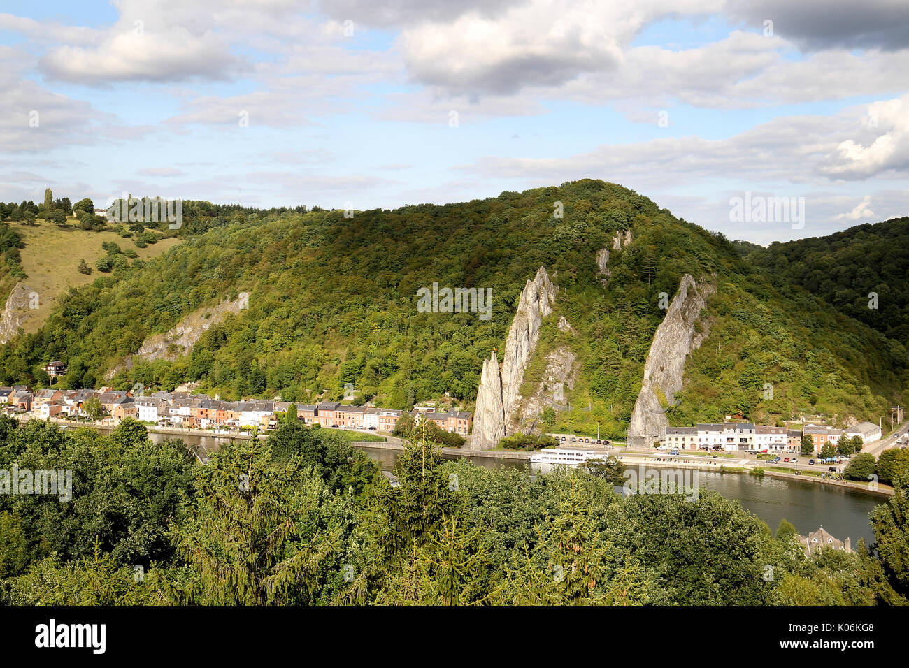 The Rocher Bayard. According to the legend, this peak would have been split by the horse Bayard with a hoof to escape Charlemagne. Dinant Belgium Stock Photo