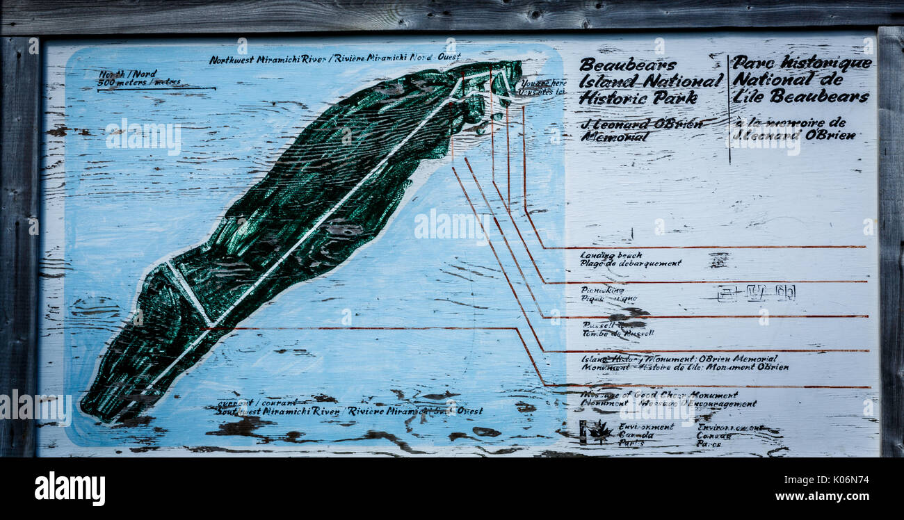 Old map of Beaubears Island on wood at visitor center Miramichi, New Brunswick, Canada Stock Photo