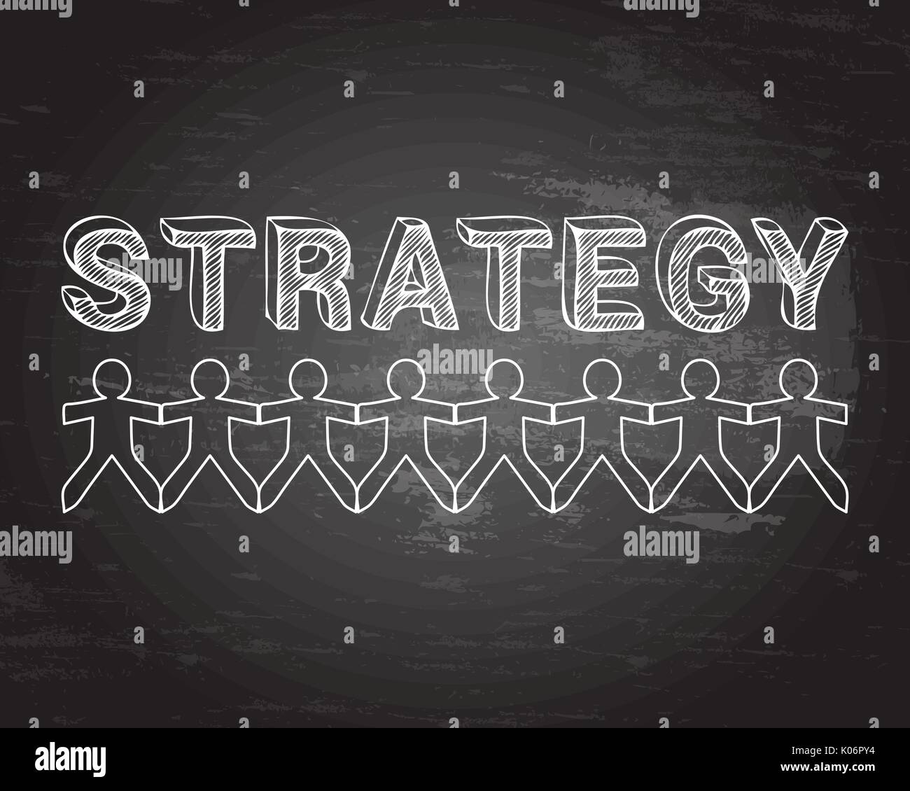 Strategy text hand drawn with paper people on blackboard background Stock Vector