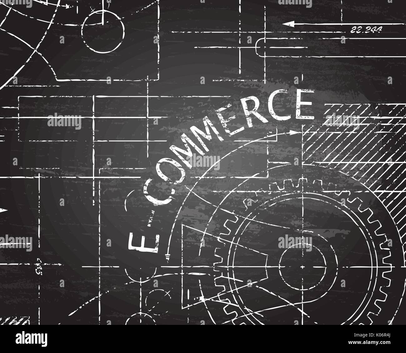 E Commerce word with gear wheels on machine blackboard background illustration Stock Vector