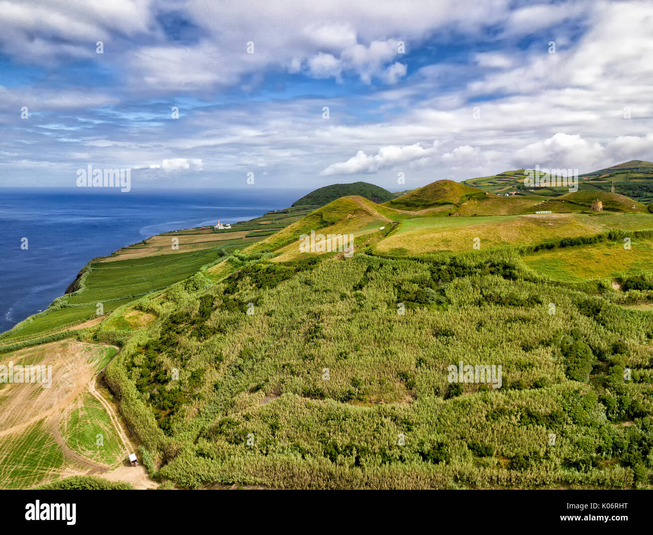 Aerial view of crops and the ocean on the Azorean Island of Sao Miguel ...