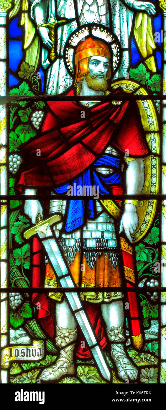 Joshua, Old Testament, Bible, character, figure, sword, shield, warrior, stained glass window, All Saints church, Warham, Norfolk, England, UK Stock Photo