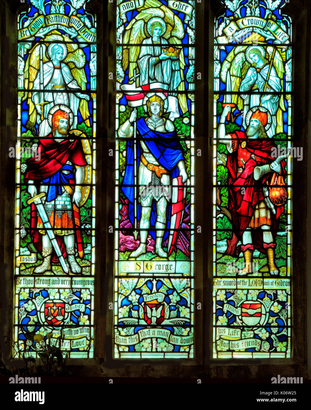 Joshua, St. George, Gideon, stained glass window, All Saints church, Warham, Norfolk, England, UK Stock Photo