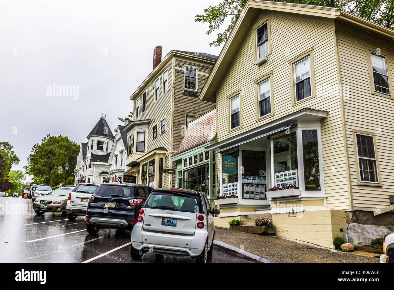 Castine, USA June 9, 2017 Empty small village in Maine during rain with buildings on steep