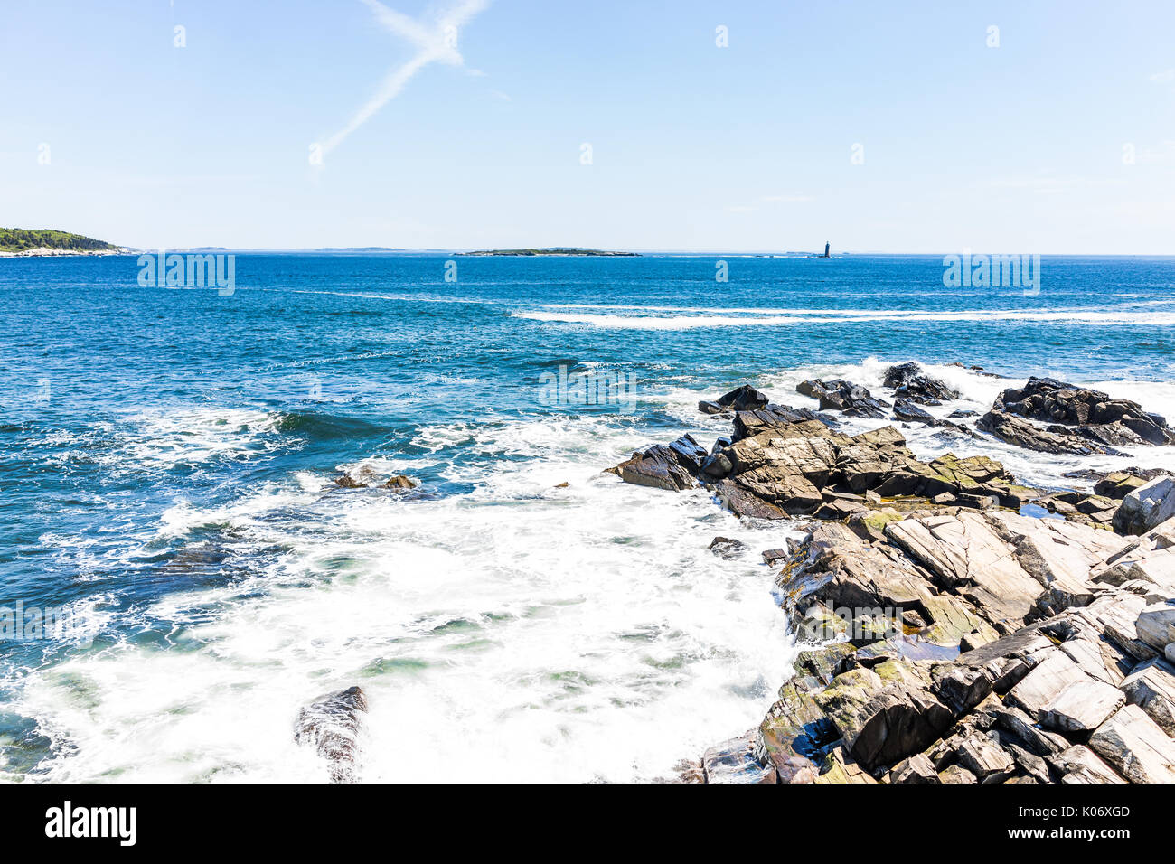 Cliff rocks aerial view by trail by Portland Head Lighthouse in Fort