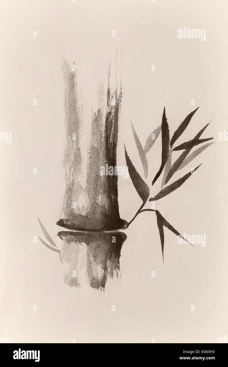License available at MaximImages.com - Beautiful Zen painting of bamboo stalk and leaves in sepia. Sumi-e Chinese Japanese black ink on rice paper pai Stock Photo
