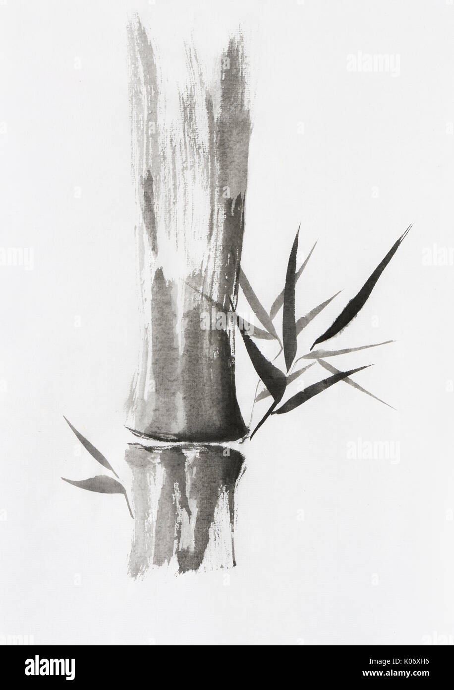 License available at MaximImages.com - Beautiful Zen painting of bamboo stalk and leaves. Sumi-e Chinese Japanese black ink on rice paper painting fin Stock Photo