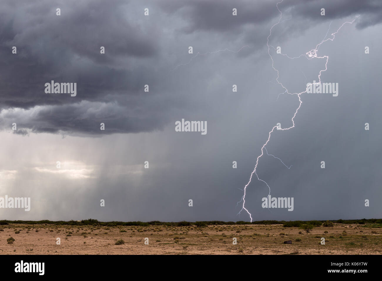 Heavy rain and lightning strike in the Arizona desert during a monsoon thunderstorm Stock Photo