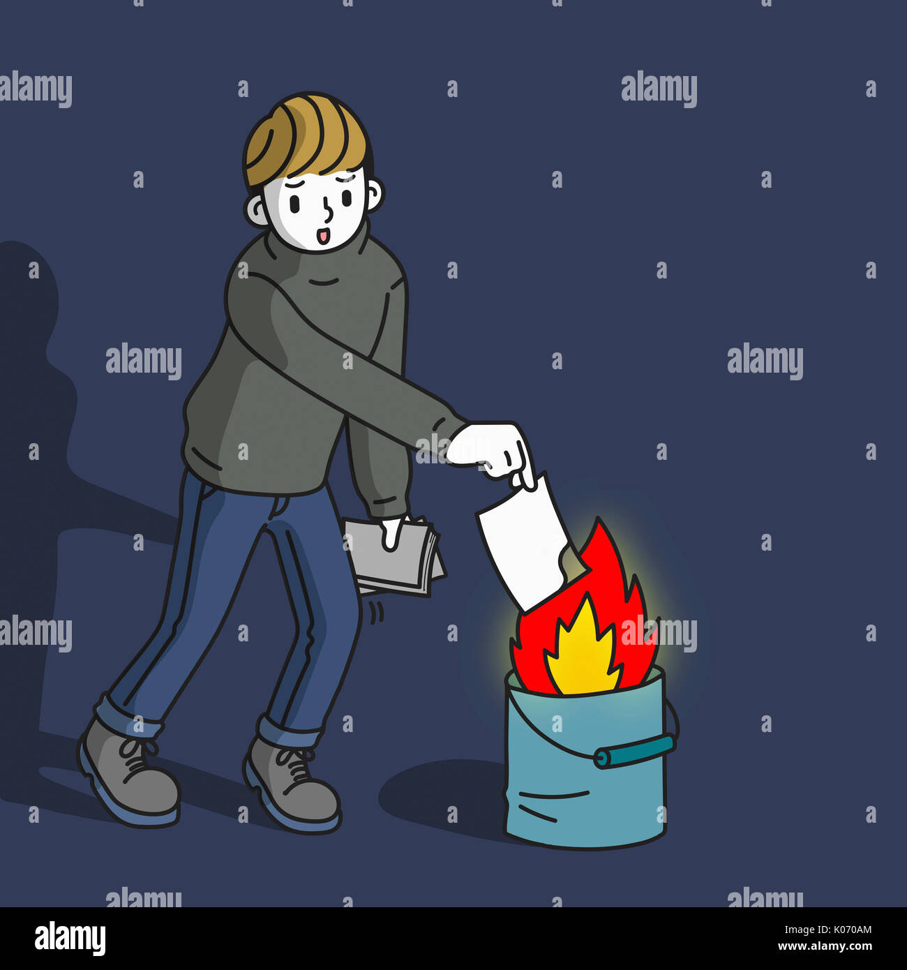 Man putting paper into fire in illustration Stock Photo