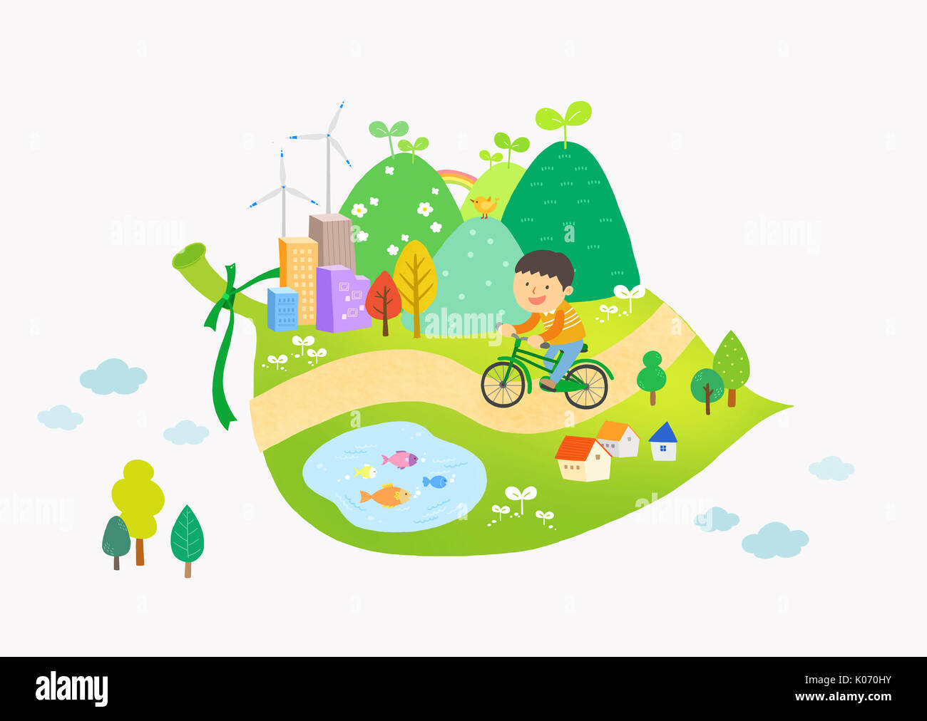 Smiling man riding on a bike, eco green alternative energy Stock Photo