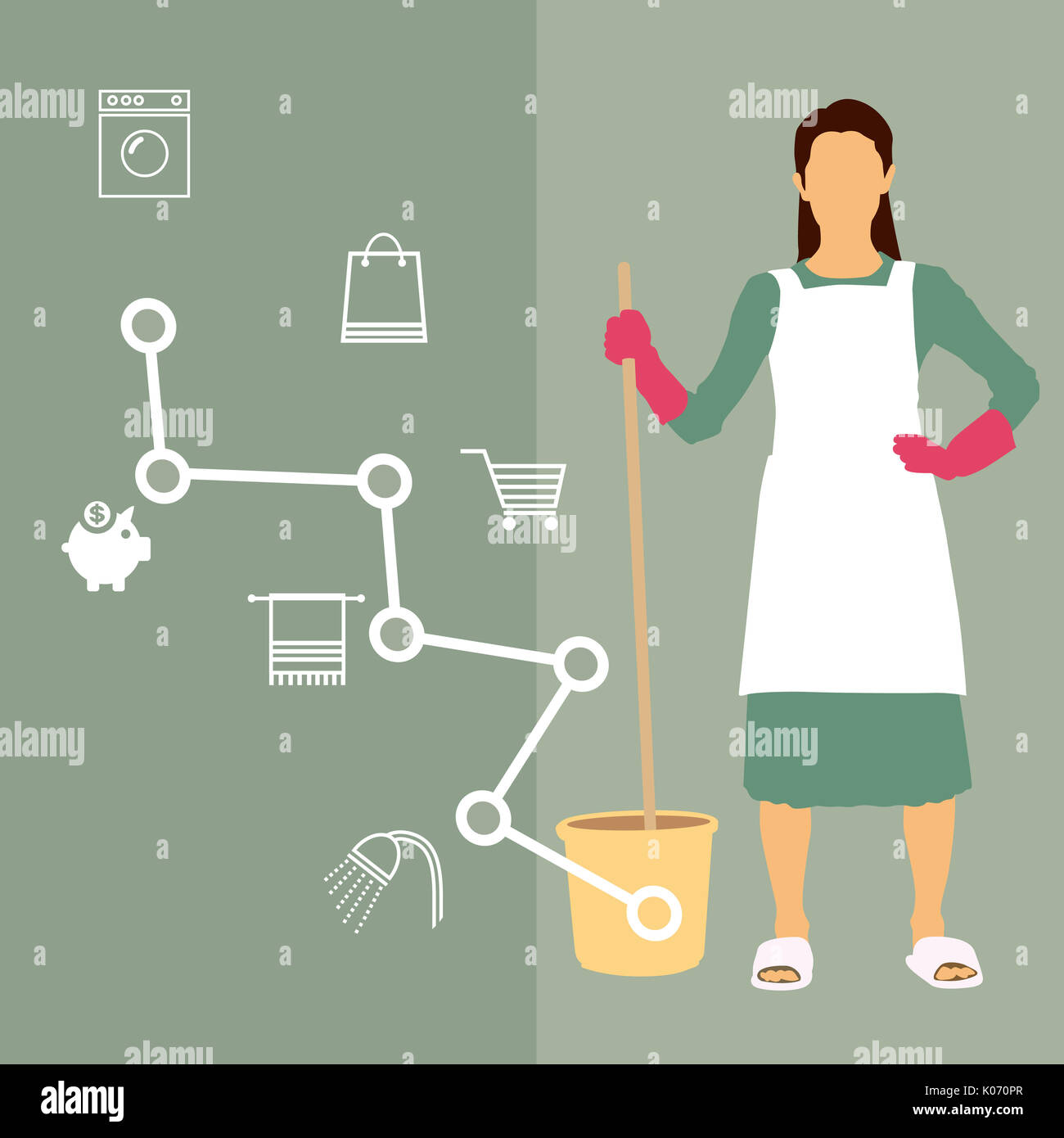 Housewife with cleaning tools posing in Infographic illustration Stock Photo