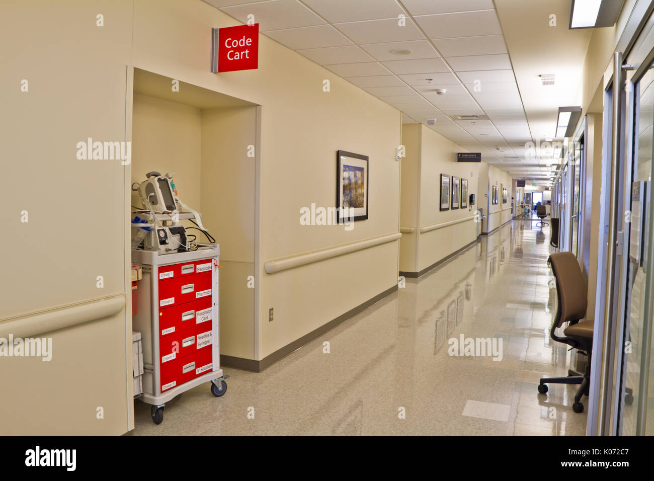 Emergency Code Cart in Hospital Hallway Stock Photo