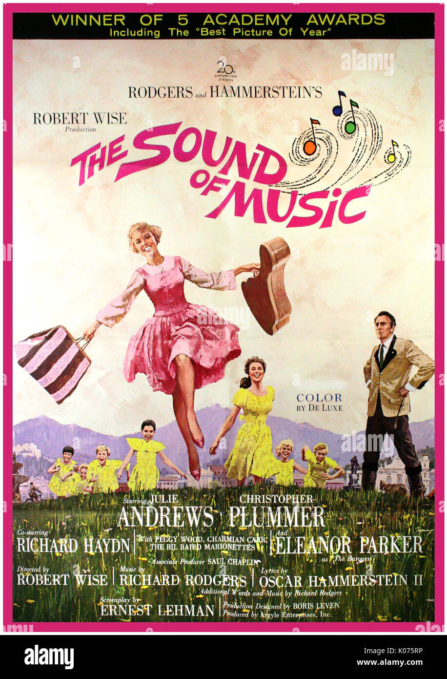 THE SOUND OF MUSIC, 1965. Original vintage “Awards” style Musical movie theater poster starring, Julie Andrews, Christopher Plummer, Eleanor Parker director Robert Wise and writers George Hurdalek and Howard Lindsay. 5 time Oscar award winning musical, epic romance based in 1930’s wartime Austria Stock Photo