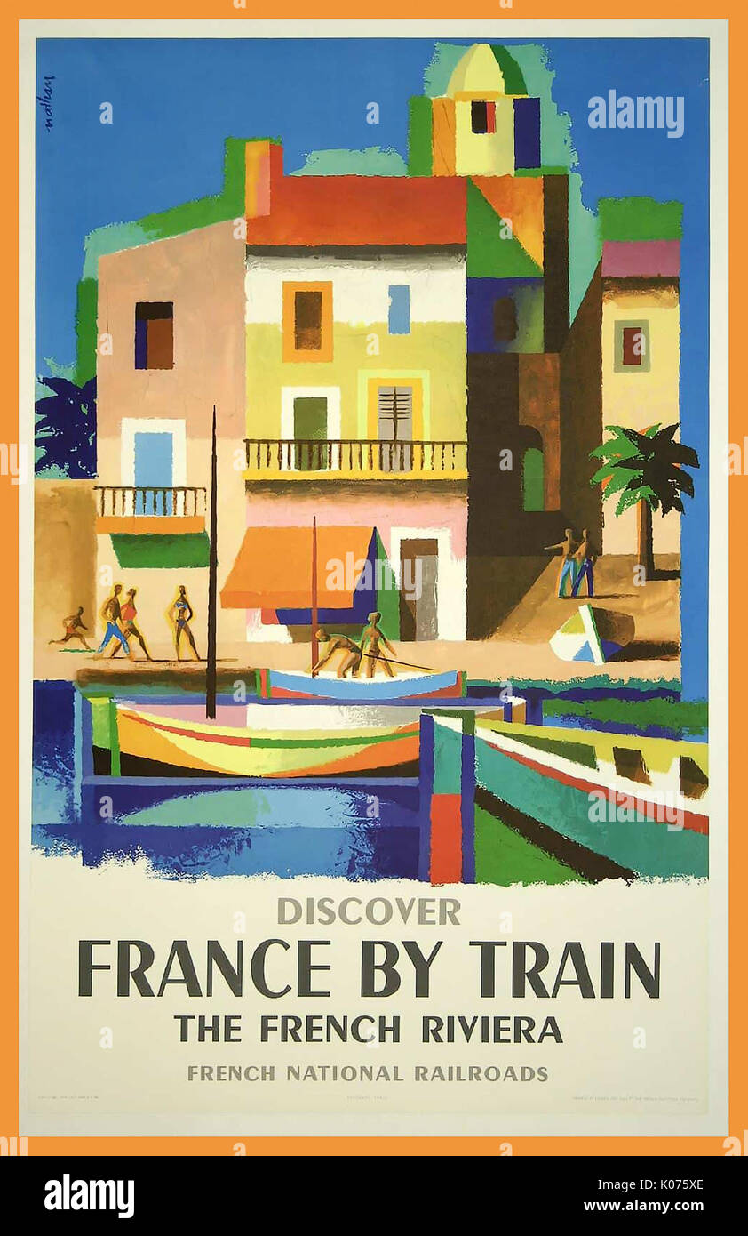 Discover France by Train The French Riviera Vintage Poster 1950's Stock Photo