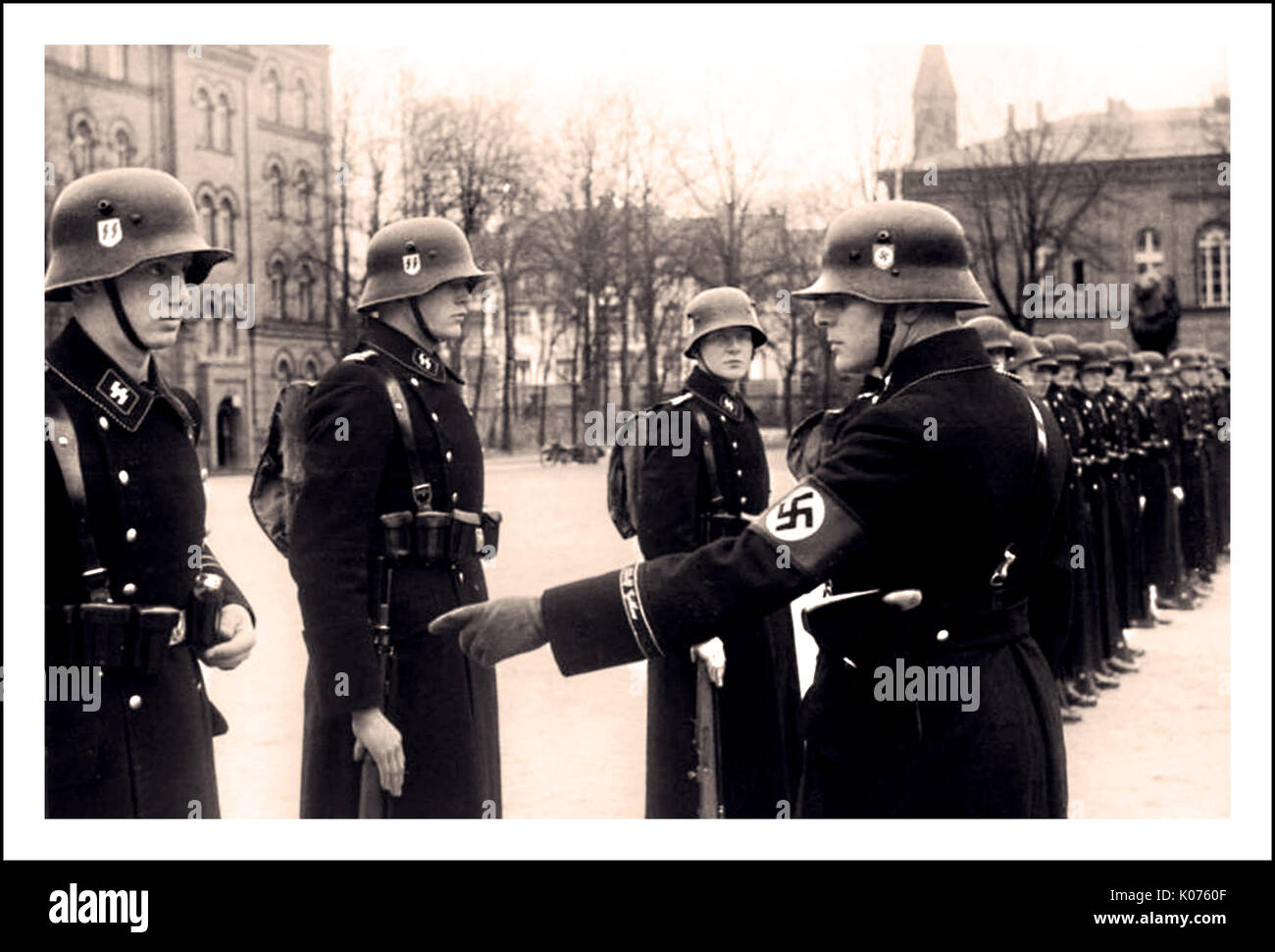 LEIBSTANDARTE PARADE Vintage pre-WW2 black and white photo of men of Leibstandarte 'Adolf Hitler' WAFFEN SS troops at the Lichterfelde barracks in Berlin, Germany, November 22, 1938. Stock Photo