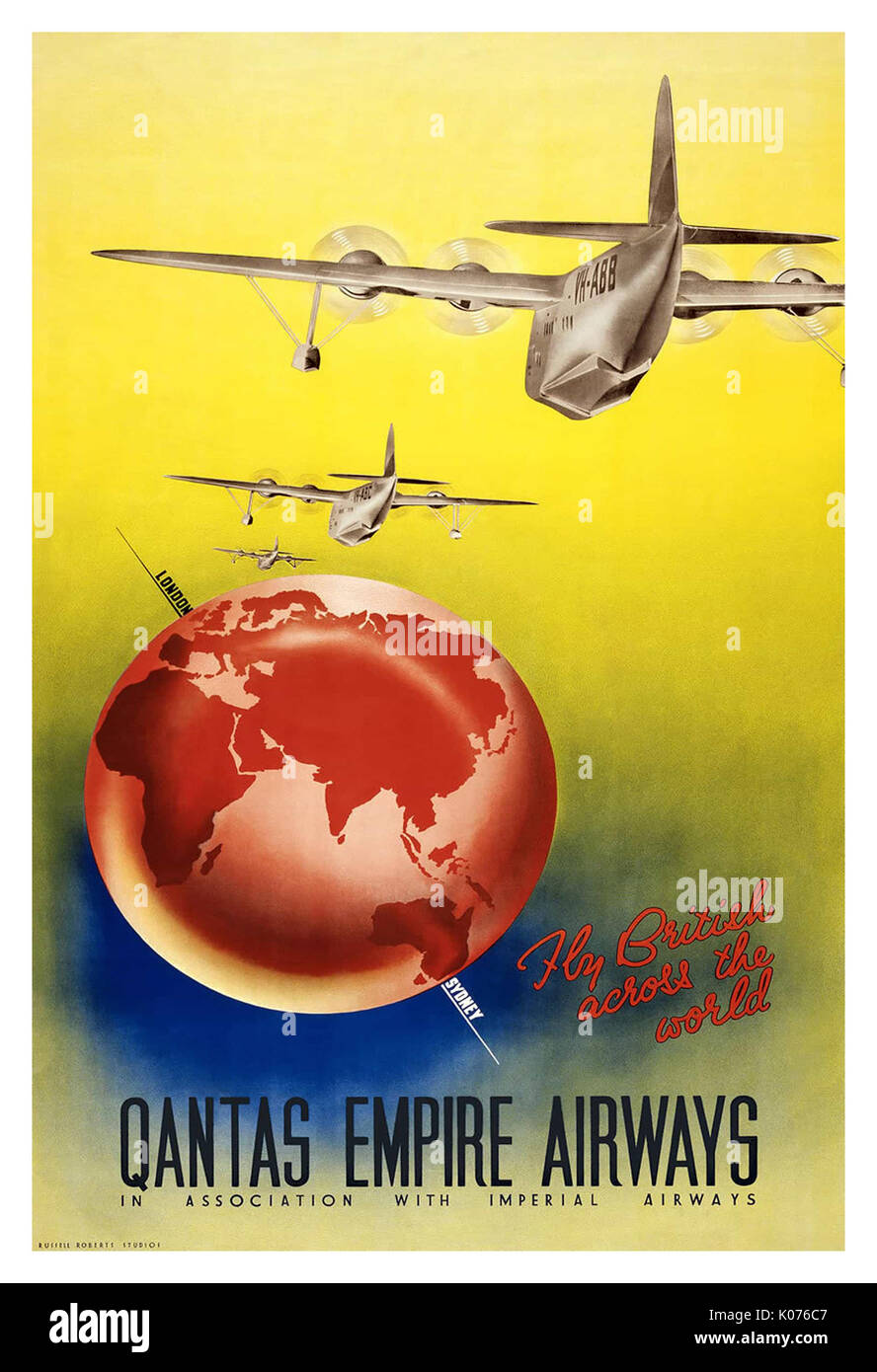 1930's Vintage Travel Poster 'Qantas Empire Airways' - London/Sydney by Flying-Boat. Stock Photo